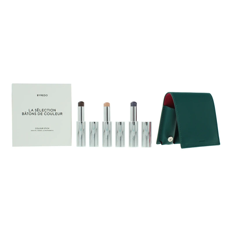 Image of Byredo Deep Teal Set Of 3 + Leather Pouch: Solar Flare, Flower Play, Kumato Face