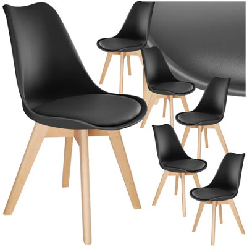 Image of Tectake Set Of 6 Dining Chair Frederikke With Padded Seat, Ergonomic Shape, And Wooden Legs - Black