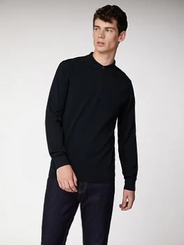 Image of Ben Sherman Long Sleeve Cotton Polo-Black, Size L, Men