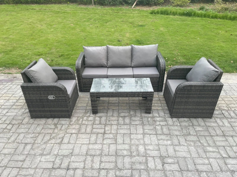 Image of Fimous Outdoor Garden Furniture Sets 5 Seater Wicker Rattan Furniture Sofa Sets with Rectangular Coffee Table Reclining Chair Dark Grey