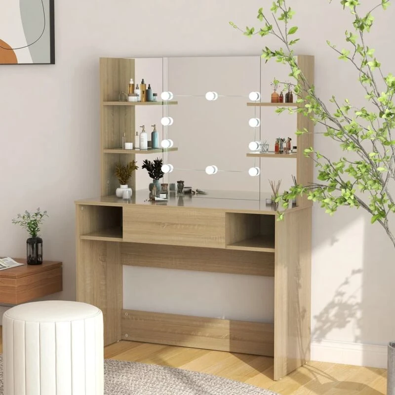 Image of VIDAXL Makeup Table with LED Lights 100x40x135cm mdf Oak Vidaxl 8720286391716