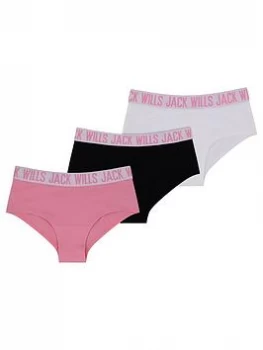 Image of Jack Wills Girls 3 Pack Boxed Bikini Briefs - Pink/Black/White, Multi, Size Age: 12-13 Years, Women