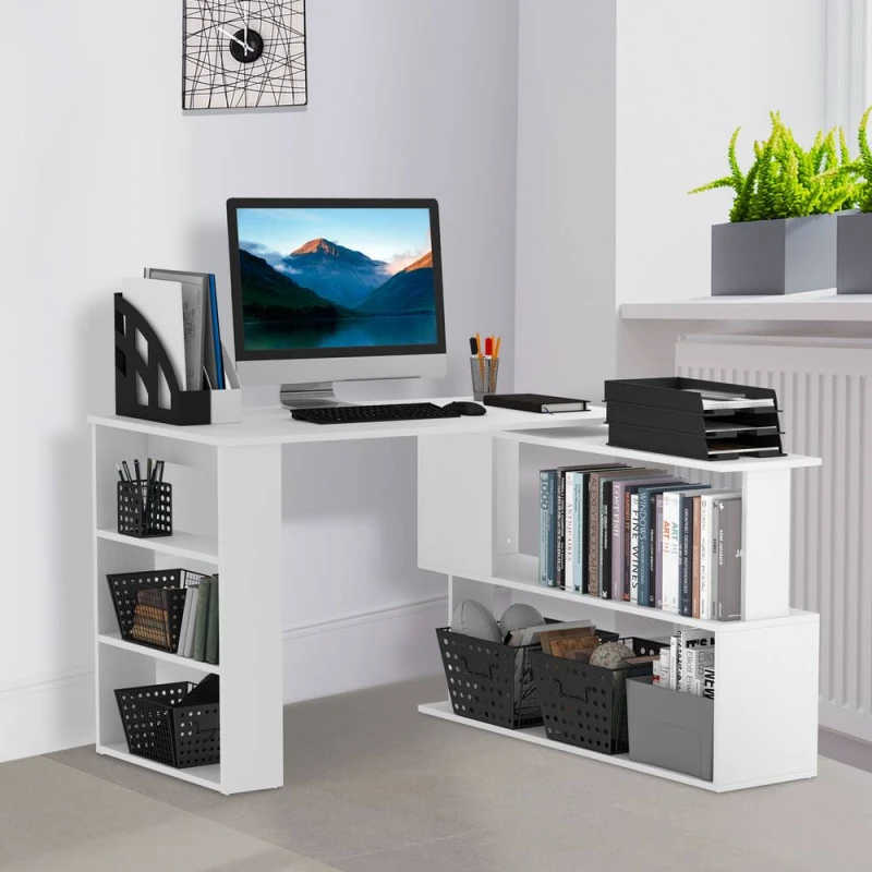 Image of HOMCOM Corner Computer Desk with 360° Rotating Design & Bookshelf, White Size: 120cm White Unisex 120 cm