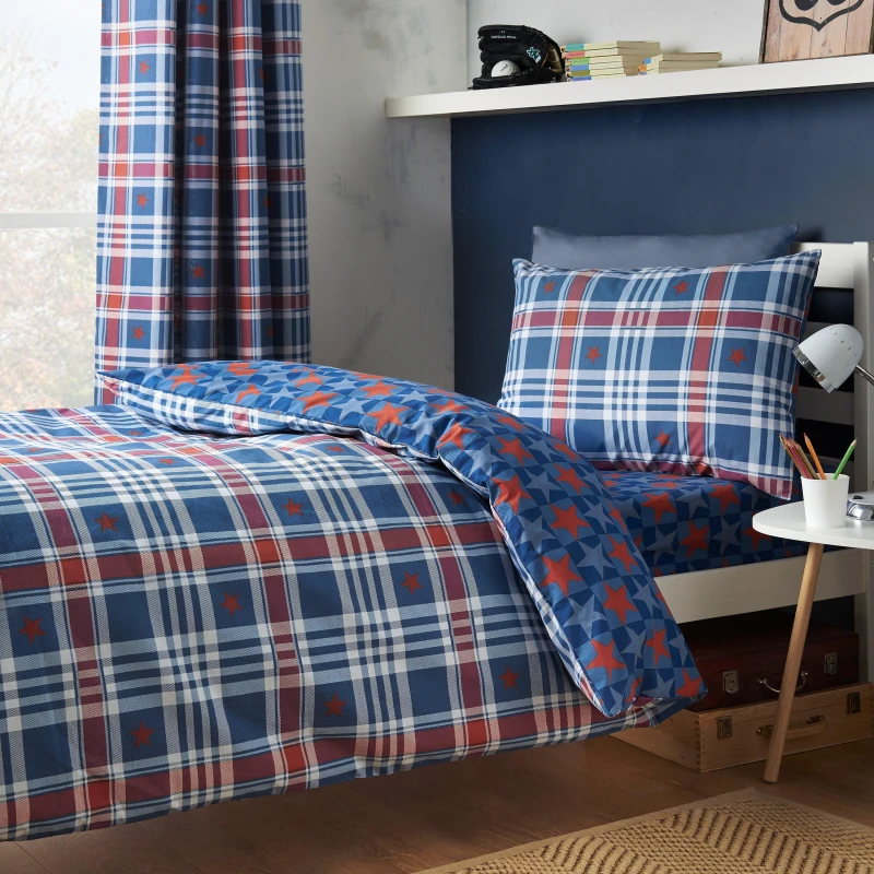 Image of Catherine Lansfield Stars And Check Childrens Bedding Blue