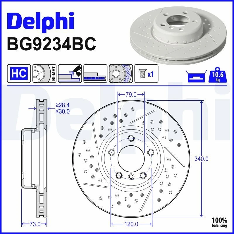 Image of DELPHI Brake disc DELPHI BG9234BC