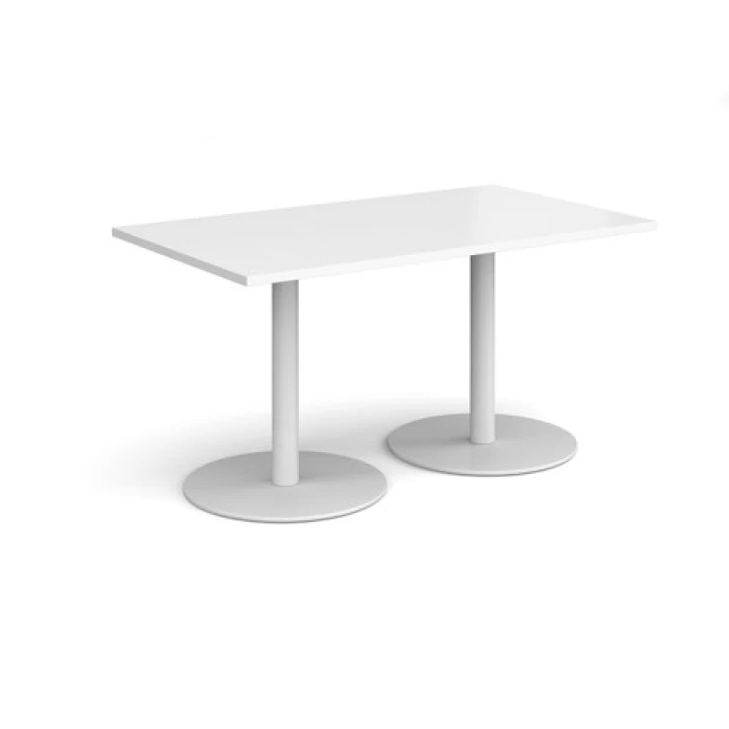 Image of Monza Rectangular Cafe and Bistro Dining Table with Flat Round White Base - Top 1400mm x 800mm - White