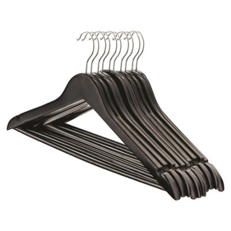 Image of Harbour Housewares Wooden Coat Hangers - Black - Pack Of 10 - Strong Adult Clothes Garments Wooden Hanger