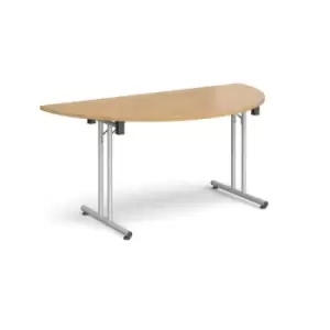 image of Semi circular folding leg table with silver legs and straight foot rails 1600mm x 800mm - oak