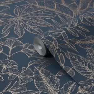 Image of Boutique Paradise Blue Leaves Smooth Wallpaper