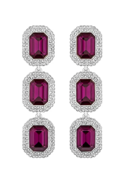 image of Silver Amethyst Crystal Pave Halo Three Drop Earrings