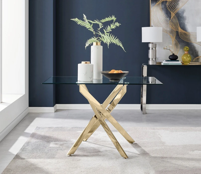 Image of FurnitureboxUK FurnitureboxUK Leonardo 120cm 4-Seater Glass And Chrome Metal Starburst Dining Table in Gold Gold One Size Unisex 5056542634208