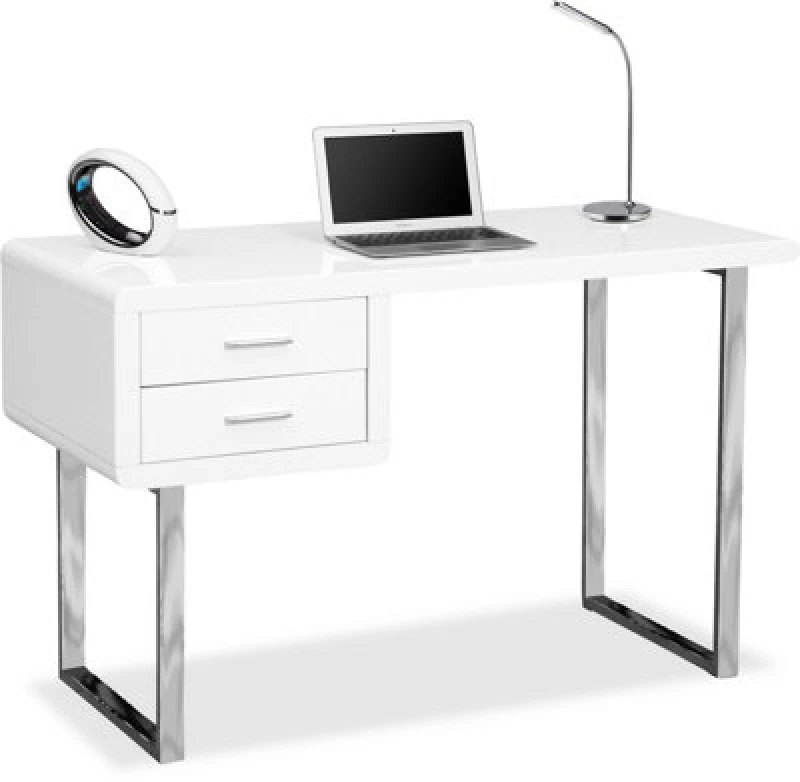 Image of CENTURION SUPPORTS Centurion Supports - harmonia Gloss White with Chrome legs 2-Drawer Contemporary Home Office Luxury Computer Desk Harmonia White