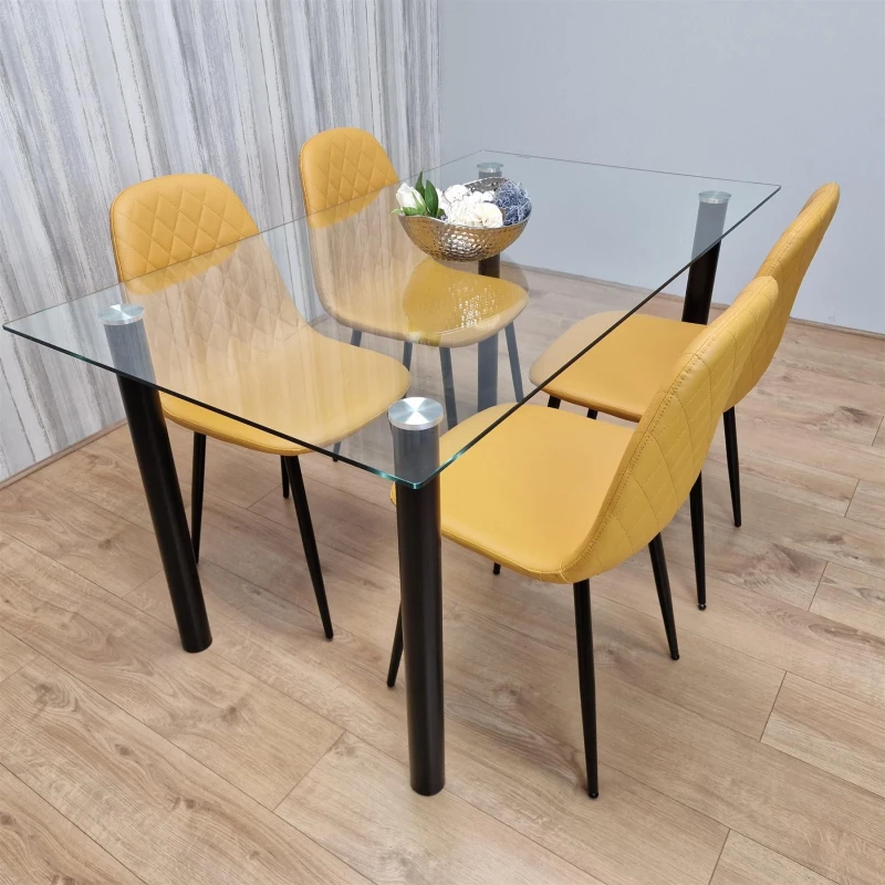 Image of KOSY KOALA KOSY KOALA Glass Dining Table with 4 Mustard Chairs Dining Room Dining Table set for 4 in Clear Size: 120cm x 70cm Clear 120cm x 70cm Uni