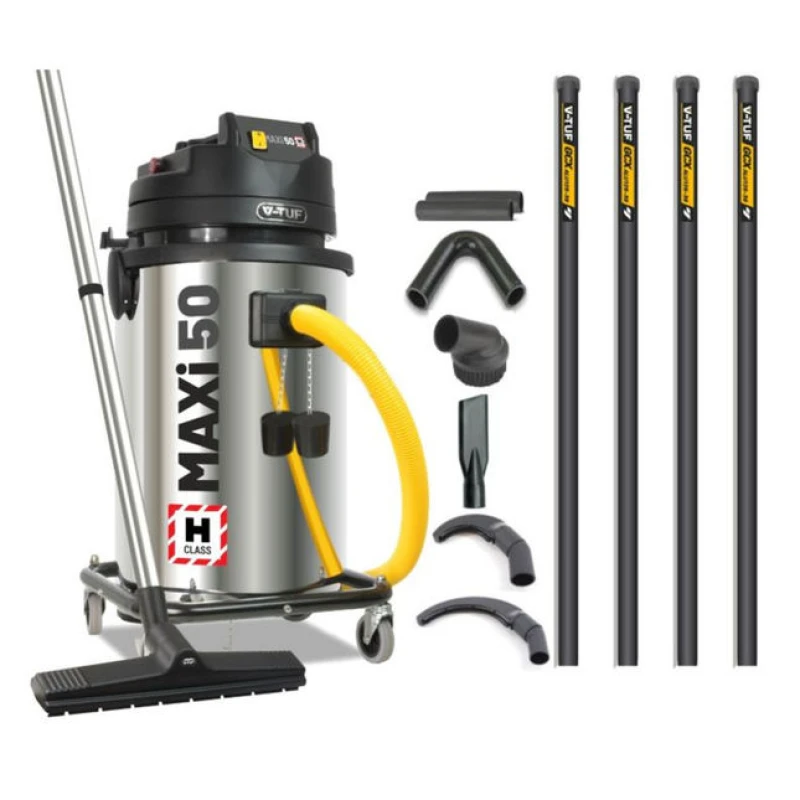 Image of V-TUF MAXi - 50L H-Class 230V 1750W Industrial Dust Extraction Vacuum Cleaner - 5m High Level Cleaning Kit & Pipe Cleaning Tools