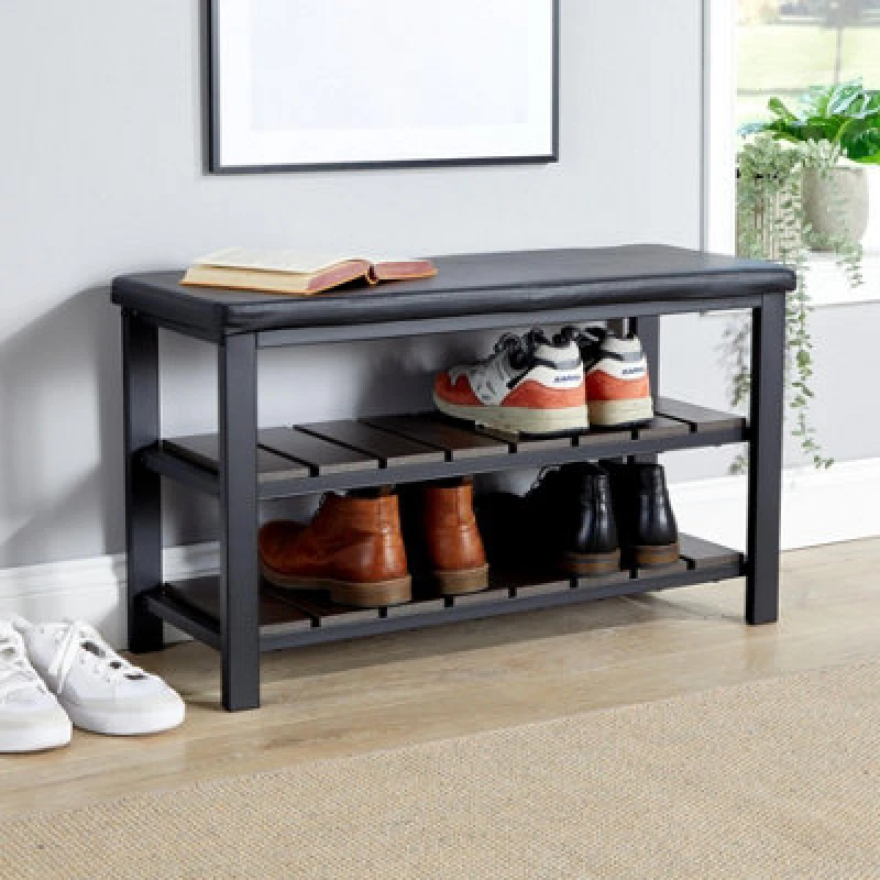 Image of Home Source Metal Shoe Bench with Two Storage Shelves Black