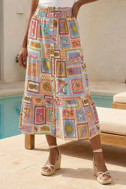 Image of Roman Womens Petite Patchwork Print Shirred Midi Skirt in Pink Size: 14 Pink Female 14