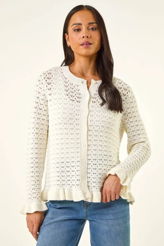 Image of Roman Womens Petite Textured Frill Hem Knit Cardigan in Ivory Size: 14 Ivory Female 14