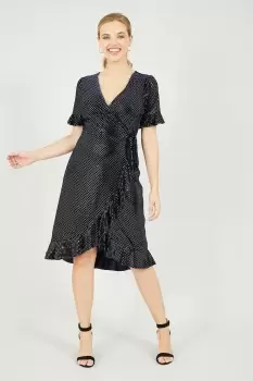 Image of Navy Diamante Velvet Wrap Dress