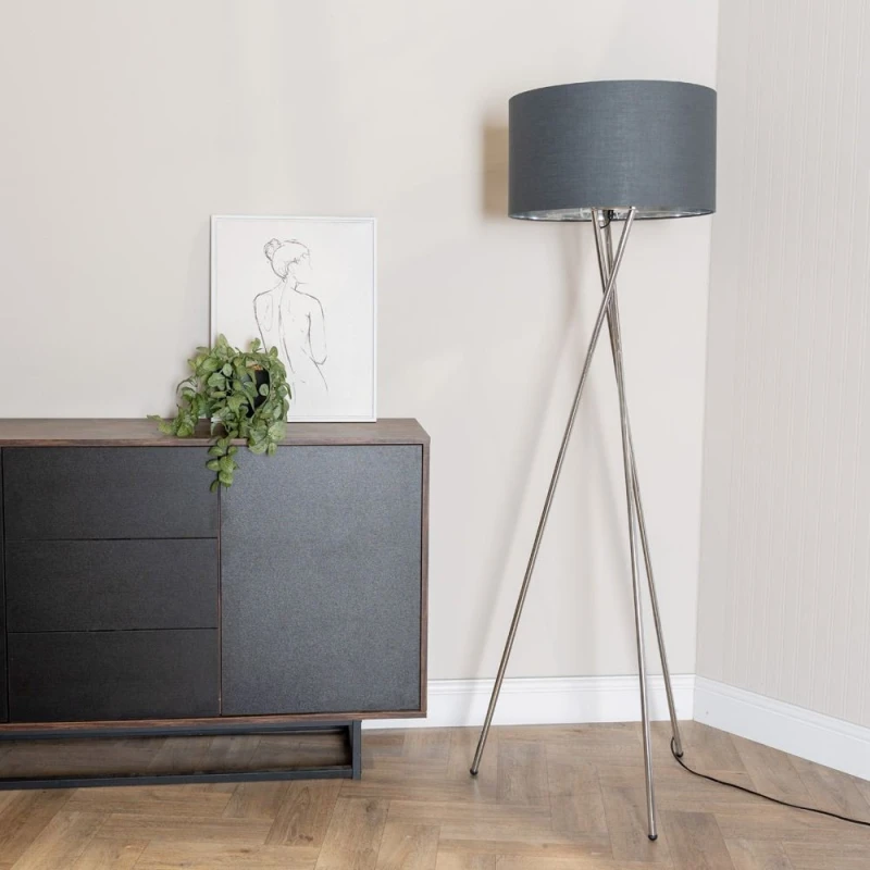 Image of ValueLights ValueLights Camden Chrome Tripod Floor Lamp with Metallic Chrome Inner Drum Shade in Charcoal Charcoal One Size Unisex 5059406060847