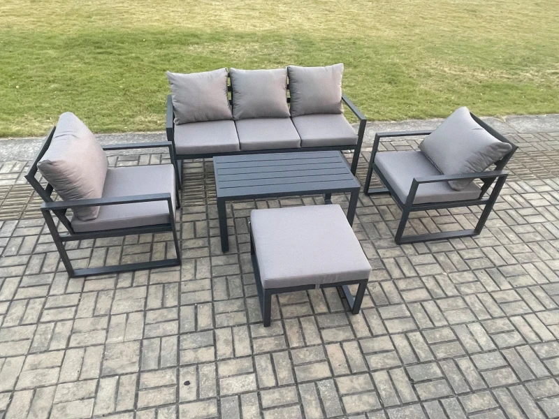 Image of Fimous Aluminium Outdoor Furniture Set 6 Seater Garden Sofa with Oblong Coffee Table Big Footstool 2 Armchairs Dark Grey Dark Grey Unisex
