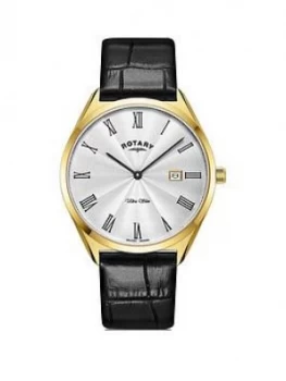 image of Rotary Rotary Ultra Slim Silver And Gold Detail Date Dial Black Leather Strap Mens Watch