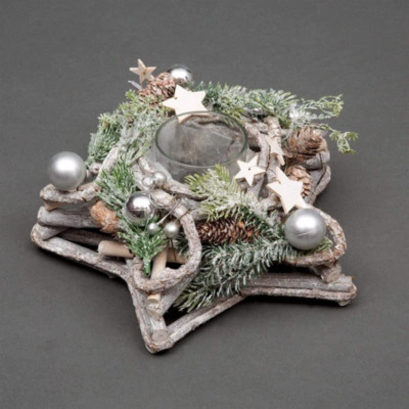 Image of Shatchi Star Shape Wooden Candle Holder Tabletop Centrepiece Christmas Decorated with Frosty Red/Silver Baubles, Berries and Cones Silver