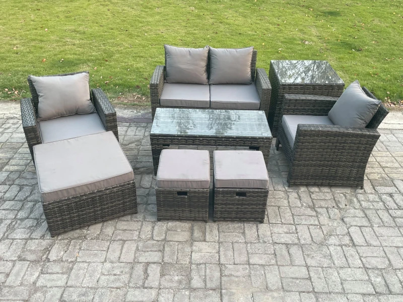 Image of Fimous 7 Seater Outdoor Rattan Garden Furniture Set Patio Lounge Sofa Set with Coffee Table 3 Footstools Side Table Dark Grey Mixed Dark Grey Unisex