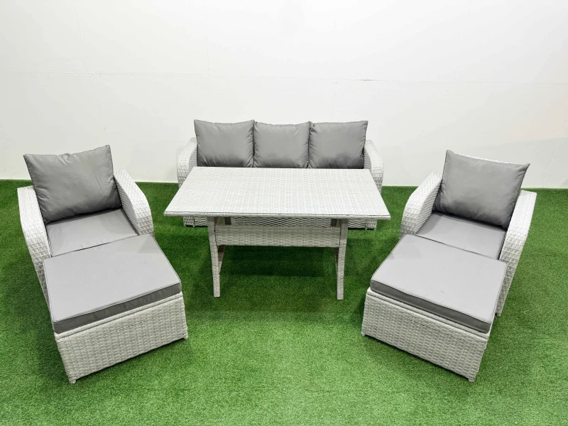 Image of Fimous PE Rattan Garden Furniture Set Reclining Chair Sofa Lounge Sofa Set Rectangular Dining Table 2 Big Footstool Light Grey Light Grey