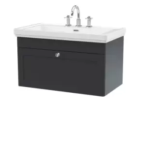 image of Nuie Classique 800mm Wall Hung 1-drawer Unit & Basin 3 Tap Holes - Satin Anthracite