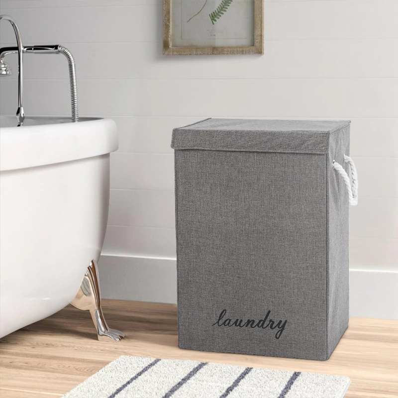 Image of Cottonfy UK Linen Laundry Basket with White Rope Handles - Grey Grey M