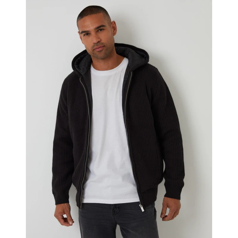 Image of Threadbare Threadbare Men Padded Knitted Jacket With Puffer Lining in Black Size: Small Black S Male 7625915185685