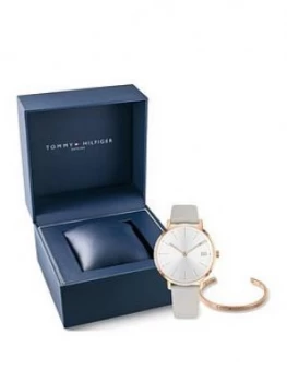 Image of Tommy Hilfiger White Dial Leather Strap Watch & Bangle Gift Set