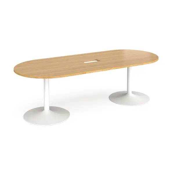 image of Trumpet Base Radial Boardroom Table with White Base 2400mm - Central Cut Out - Oak