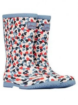 Image of Joules Girls Hearts Roll Up Wellington Boots - White, Size 11 Younger