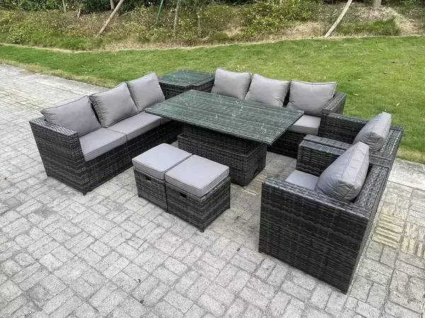 Fimous 8 Seater Outdoor Dark Grey Rattan Lounge Complete Sofa Set with Adjustable Rising Lifting Side Table and 2 Big Footstool