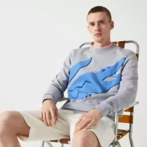 Image of Lacoste Mens Crew Neck Print Organic Cotton Fleece Sweatshirt Size 2 - XS Grey Chine