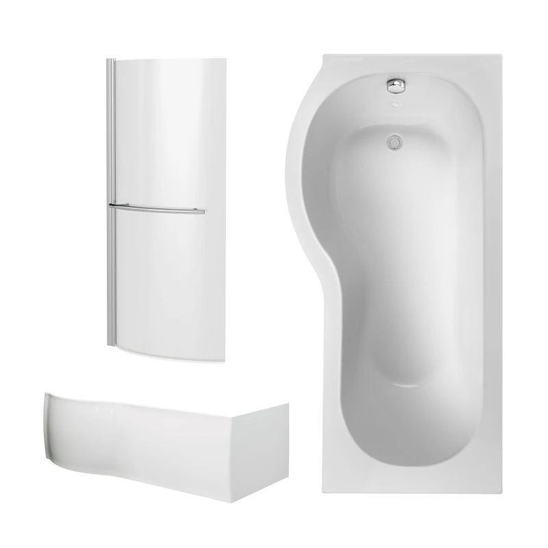 Image of Balterley P Shape Bathtub Front Panel and Screen with Rail Chrome Profile Silver