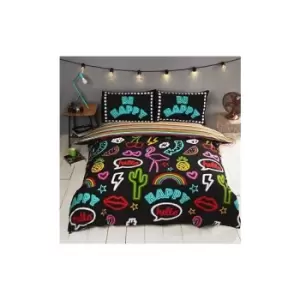 image of Be Happy Neon Effect with stripe reverse Duvet Cover Bedding Set (King)