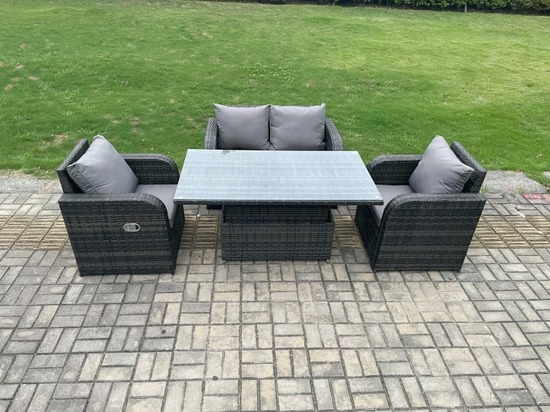 Image of Fimous Wicker PE Rattan Furniture Garden Dining Set Outdoor Patio Height Adjustable Rising lifting Table Love Sofa With Reclining Chair Dark Grey