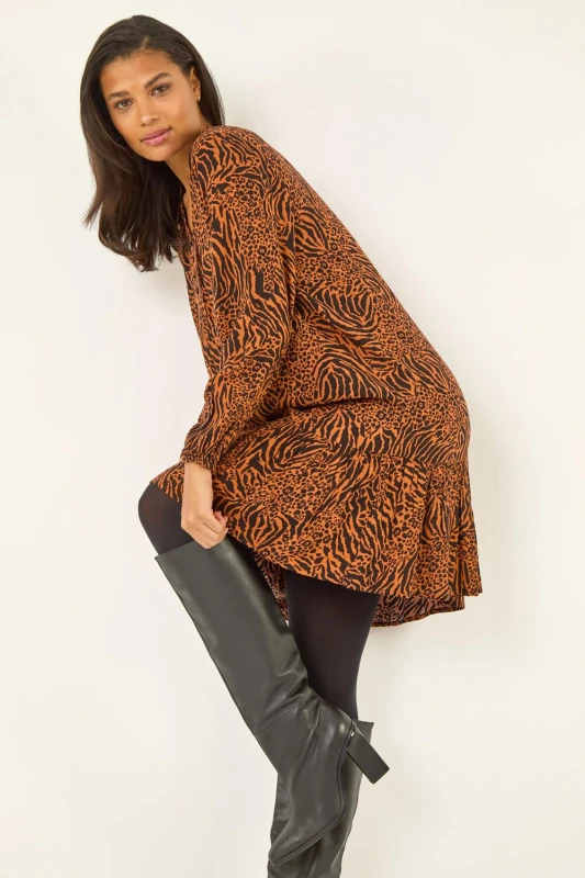 Image of Roman Womens Animal Print Pintuck Smock Dress in Orange Size: 18 Orange Female 18