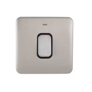 image of Schneider Electric Lisse Screwless Deco - Single Light Switch, Double Pole, with Neon Indicator, 50A, GGBL4011BSS, Stainless Steel with Black Insert