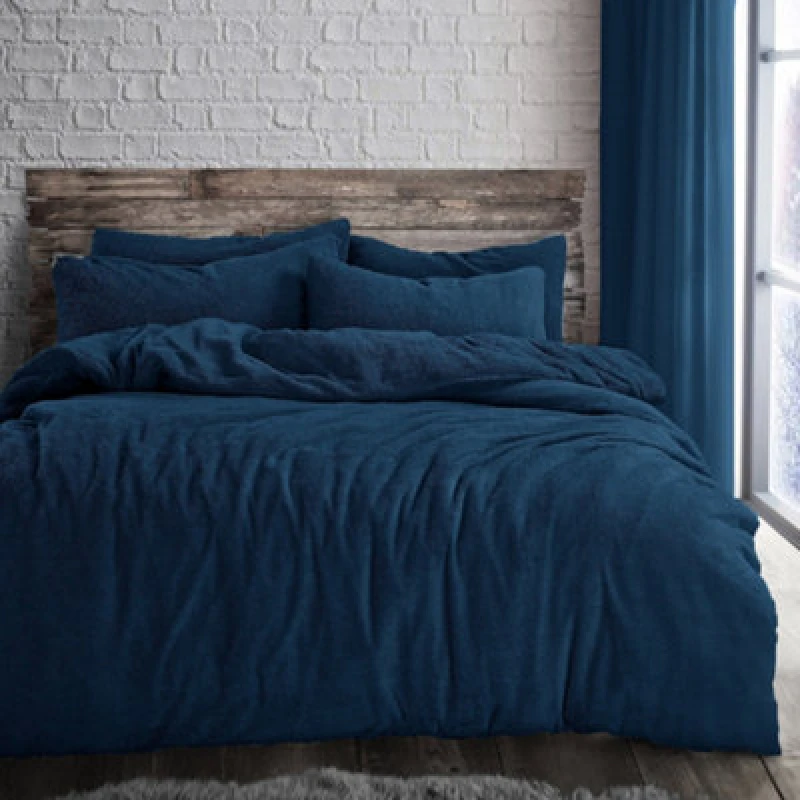 Image of Velosso Navy Plain Teddy Fleece Duvet Cover And Pillowcase Set Super King
