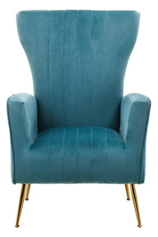 Image of Orsina Green Velvet Chair With Gold Finish Legs, Vertical Channel Tufted Comfort Seat, Winged-Back Velvet Armchair