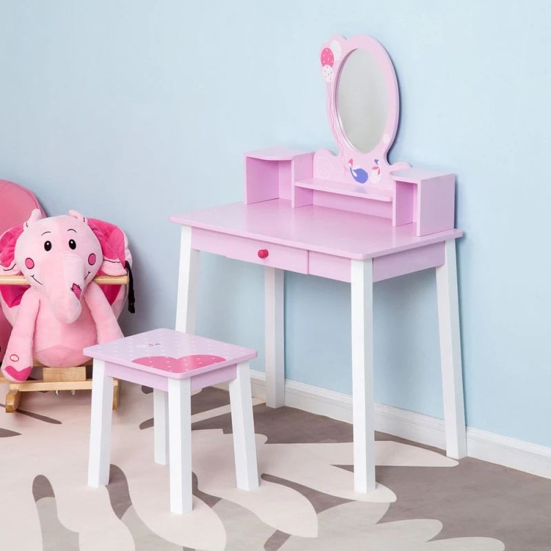 Image of HOMCOM Kids Wooden Dressing Table with Stool Mirror Table and Desk Set Toys Pink Pink