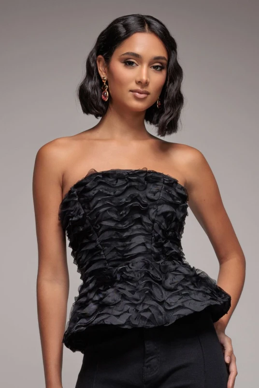 Image of Goddiva Womens Peplum 3D Textured Boob Tube Lace Up Corset in Black Size: 14 Black Female 14