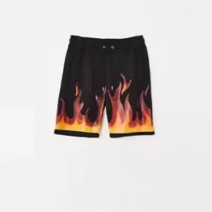 image of Mennace Flame Graphic Print Mid Length Shorts - Black