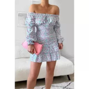 Image of I Saw It First Blue Floral Bardot Shirred Waist Tiered Mini Dress - Blue