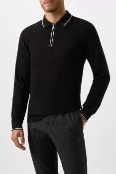 image of Black Long Sleeve Tipped Collar Polo Shirt