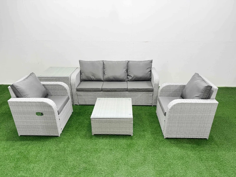 Image of Fimous PE Rattan Garden Furniture Set Reclining Chair Sofa Lounge Sofa Set Square Coffee Table Side Table Light Grey Light Grey