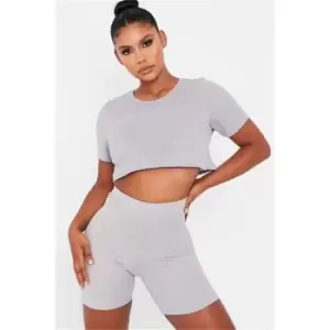 Image of I Saw It First Grey Marl Boxy Ribbed Cropped T-Shirt - Grey